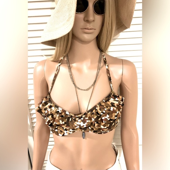 Vintage Kenneth Cole Reaction Brown ruffle bikini top 32C - Picture 1 of 7